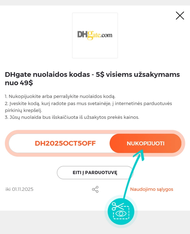 Instrukcijos, kaip nukopijuoti nuolaidos kodą DHgate