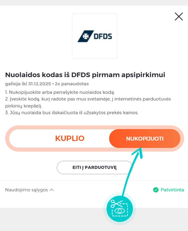 Instrukcijos, kaip nukopijuoti nuolaidos kodą DFDS