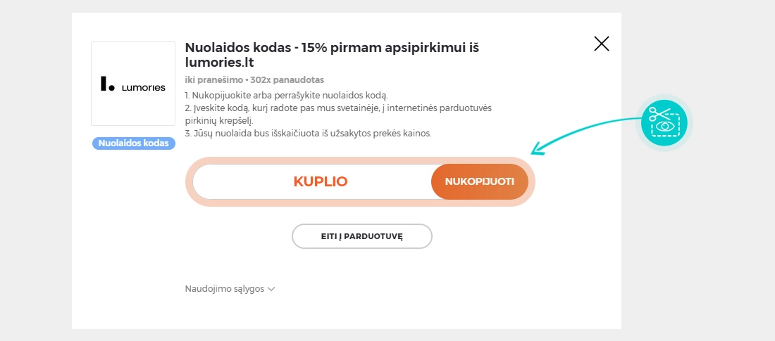 Instrukcijos, kaip nukopijuoti nuolaidos kodą Lumories