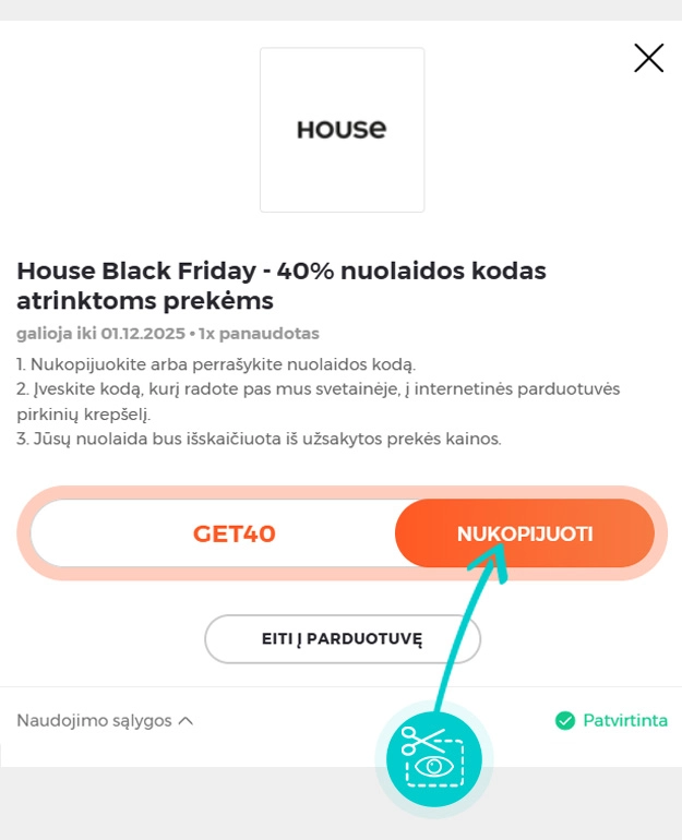 Instrukcijos, kaip nukopijuoti nuolaidos kodą House