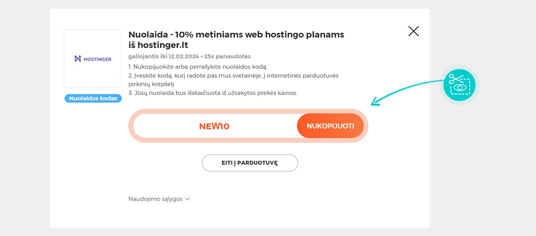 Instrukcijos, kaip nukopijuoti nuolaidos kodą Hostinger