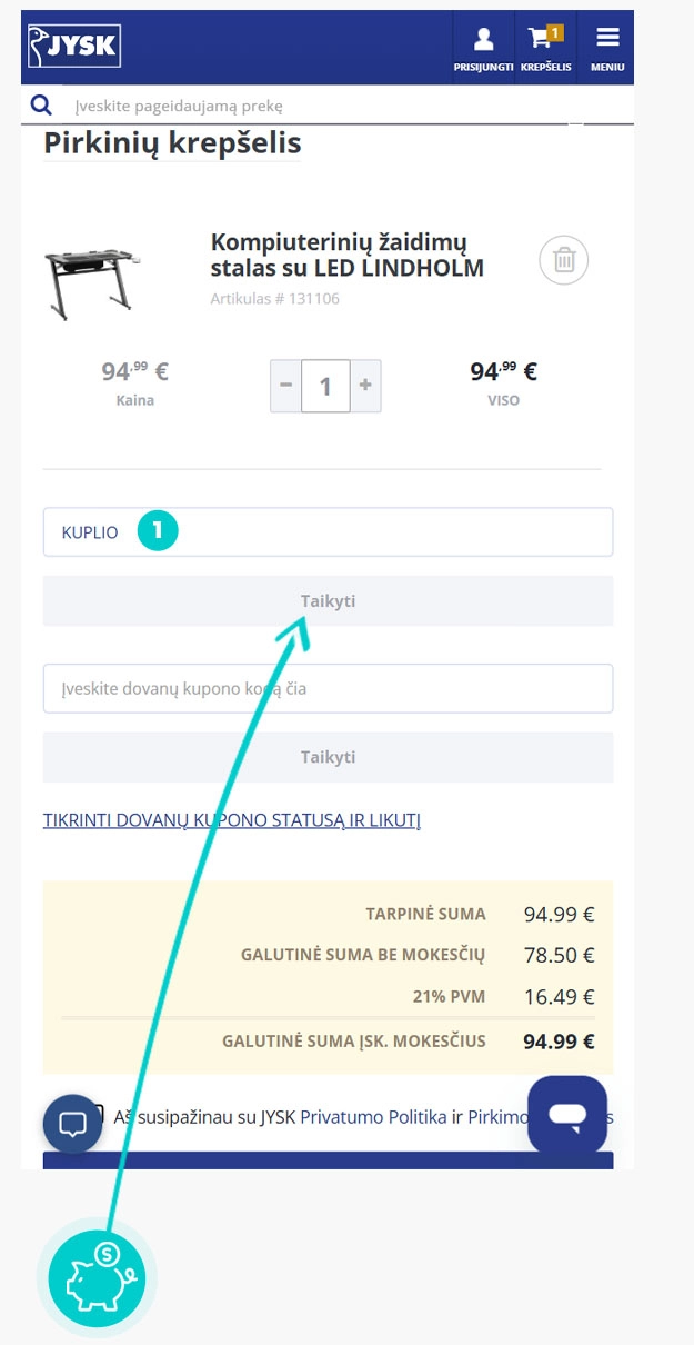 Instrukcijos, kaip pritaikyti nuolaidos kodą Jysk prekių krepšelyje