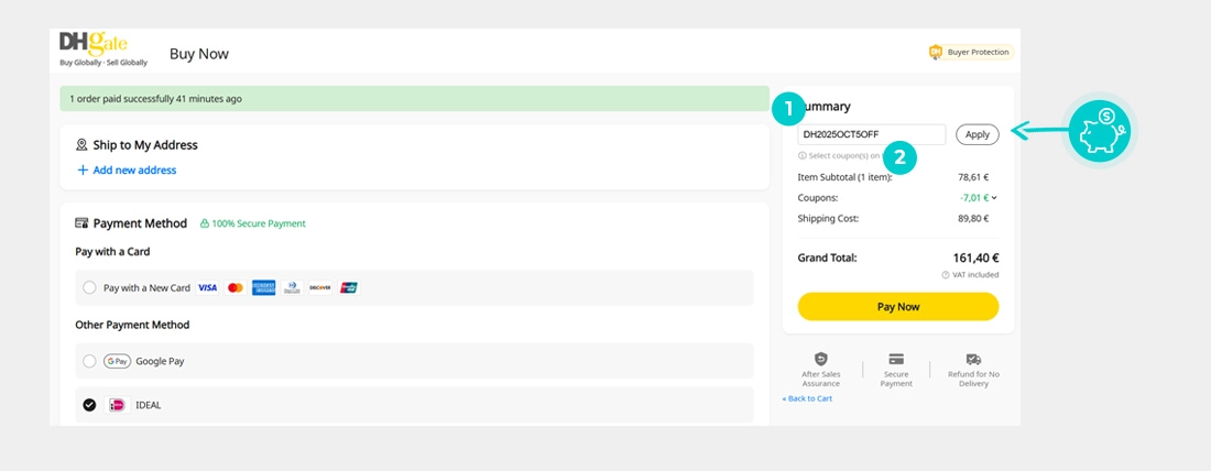 Instrukcijos, kaip pritaikyti nuolaidos kodą DHgate prekių krepšelyje