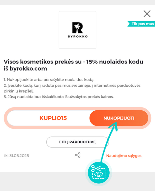 Instrukcijos, kaip nukopijuoti nuolaidos kodą ByRokko