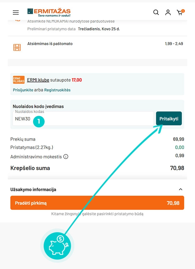 Instrukcijos, kaip pritaikyti nuolaidos kodą Ermitažas prekių krepšelyje