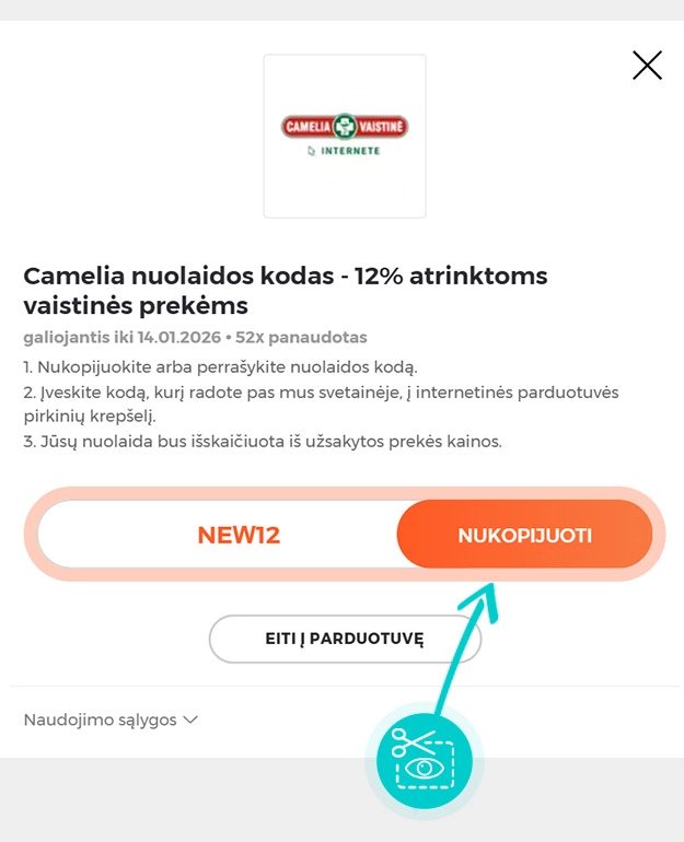 Instrukcijos, kaip nukopijuoti nuolaidos kodą Camelia