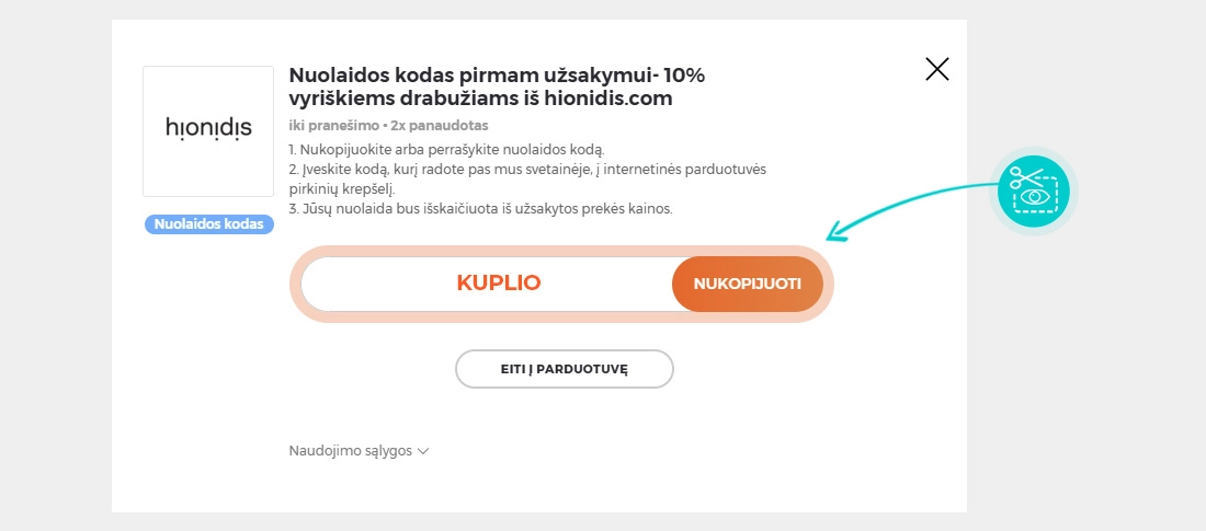 Instrukcijos, kaip nukopijuoti nuolaidos kodą Hionidis