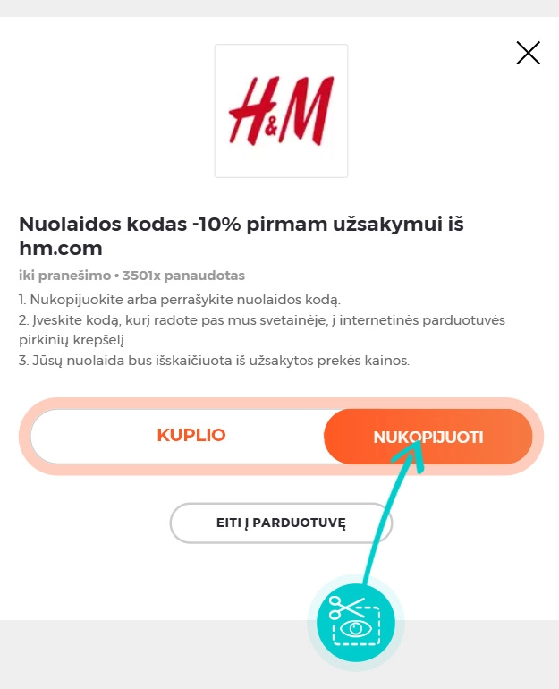 Instrukcijos, kaip nukopijuoti nuolaidos kodą H&M
