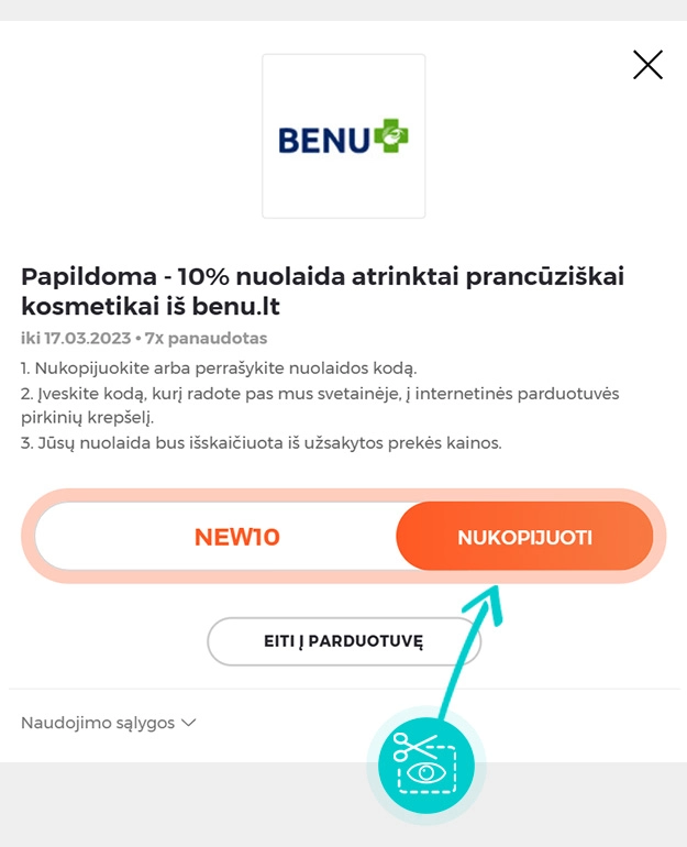 Instrukcijos, kaip nukopijuoti nuolaidos kodą Benu
