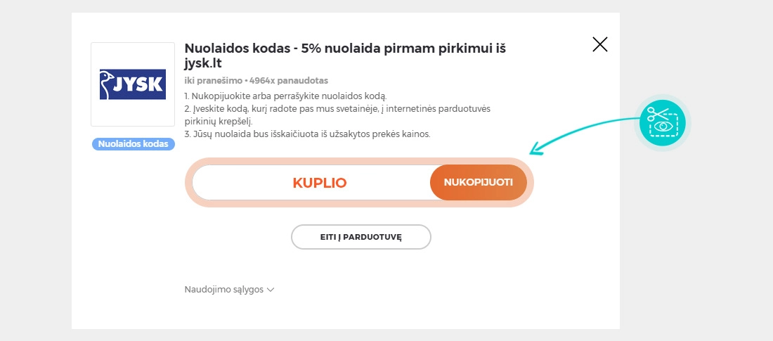 Instrukcijos, kaip nukopijuoti nuolaidos kodą Jysk