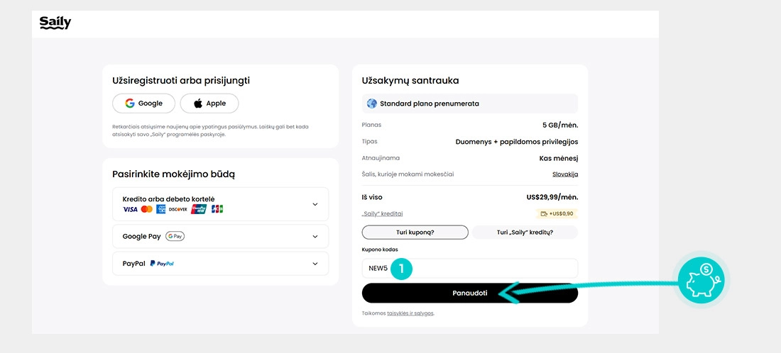 Instrukcijos, kaip pritaikyti nuolaidos kodą Saily prekių krepšelyje