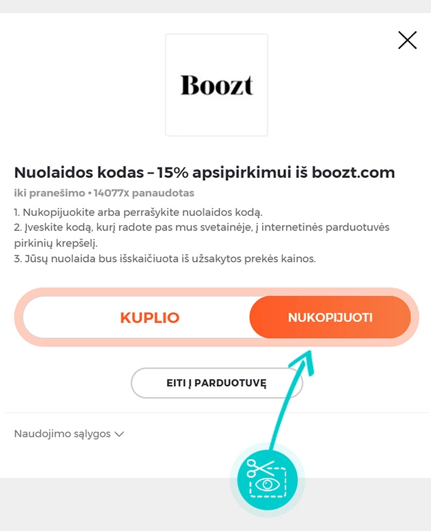 Instrukcijos, kaip nukopijuoti nuolaidos kodą Boozt