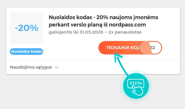 Nuolaidos kodo NordPass pavyzdys