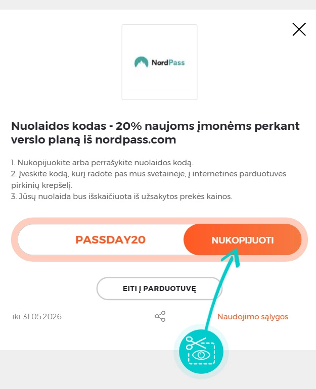 Instrukcijos, kaip nukopijuoti nuolaidos kodą NordPass