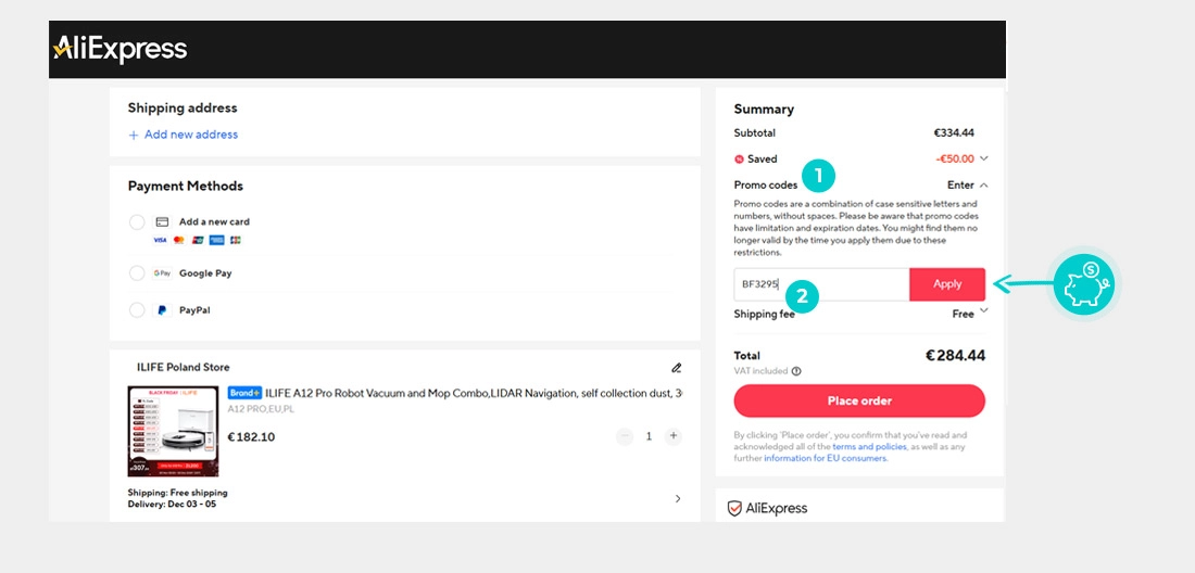 Instrukcijos, kaip pritaikyti nuolaidos kodą AliExpress prekių krepšelyje