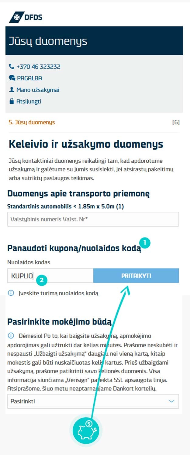 Instrukcijos, kaip pritaikyti nuolaidos kodą DFDS prekių krepšelyje