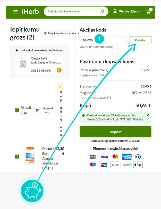 Instrukcijos, kaip pritaikyti nuolaidos kodą iHerb prekių krepšelyje