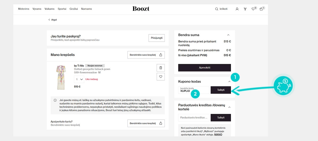 Instrukcijos, kaip pritaikyti nuolaidos kodą Boozt prekių krepšelyje