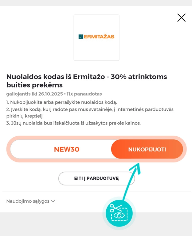 Instrukcijos, kaip nukopijuoti nuolaidos kodą Ermitažas