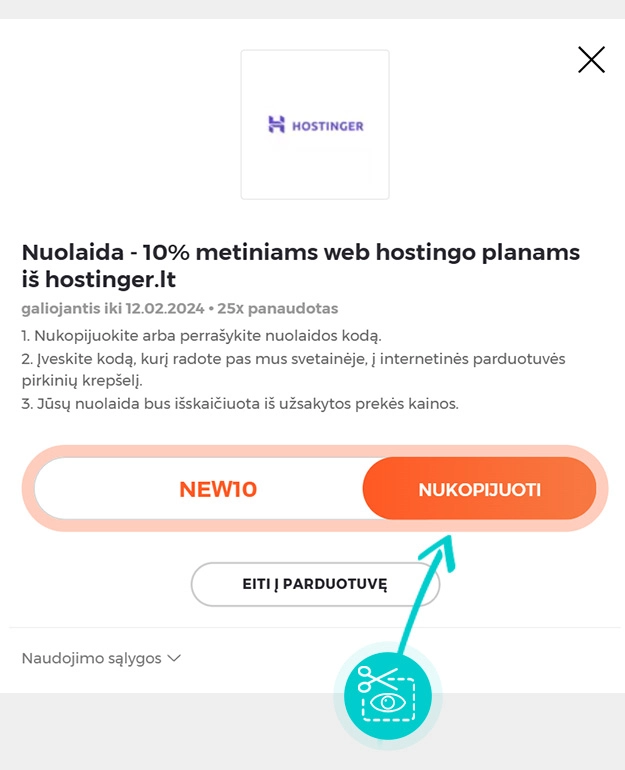 Instrukcijos, kaip nukopijuoti nuolaidos kodą Hostinger