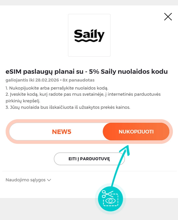 Instrukcijos, kaip nukopijuoti nuolaidos kodą Saily