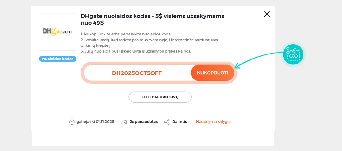 Instrukcijos, kaip nukopijuoti nuolaidos kodą DHgate