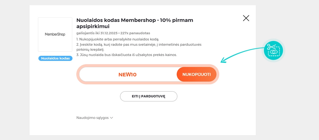 Instrukcijos, kaip nukopijuoti nuolaidos kodą MemberShop