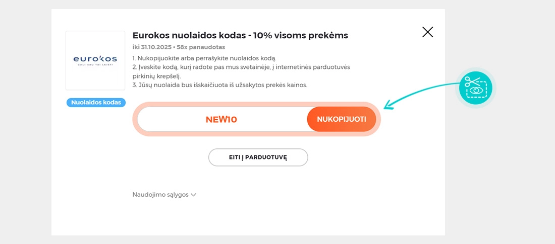 Instrukcijos, kaip nukopijuoti nuolaidos kodą Eurokos