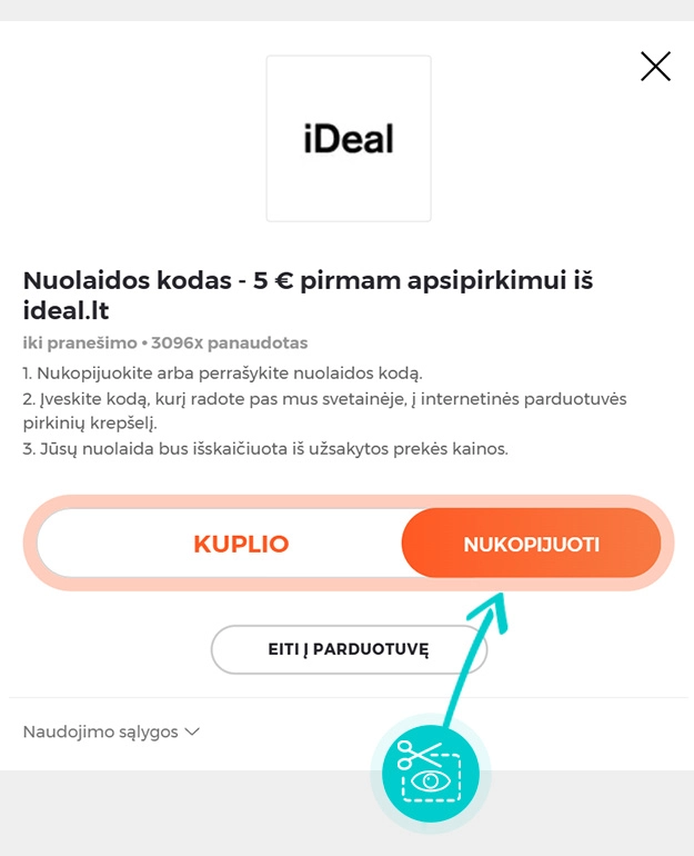 Instrukcijos, kaip nukopijuoti nuolaidos kodą iDeal