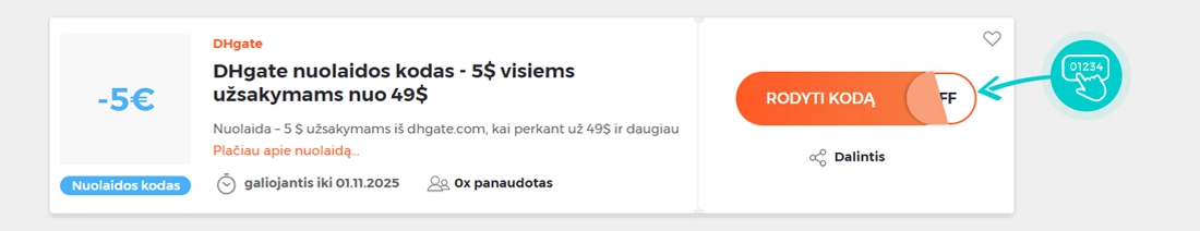 Nuolaidos kodo DHgate pavyzdys