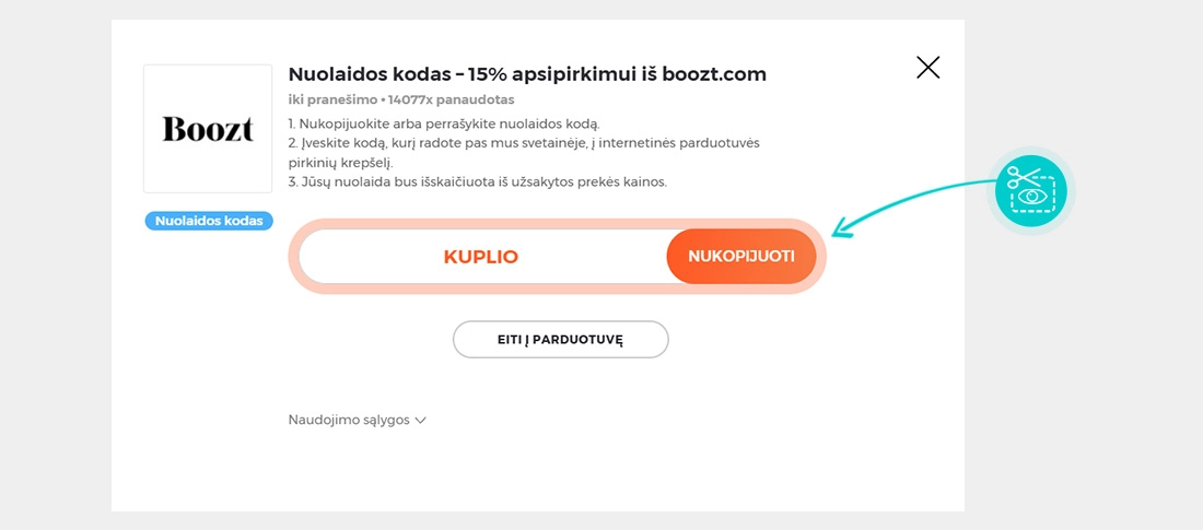 Instrukcijos, kaip nukopijuoti nuolaidos kodą Boozt