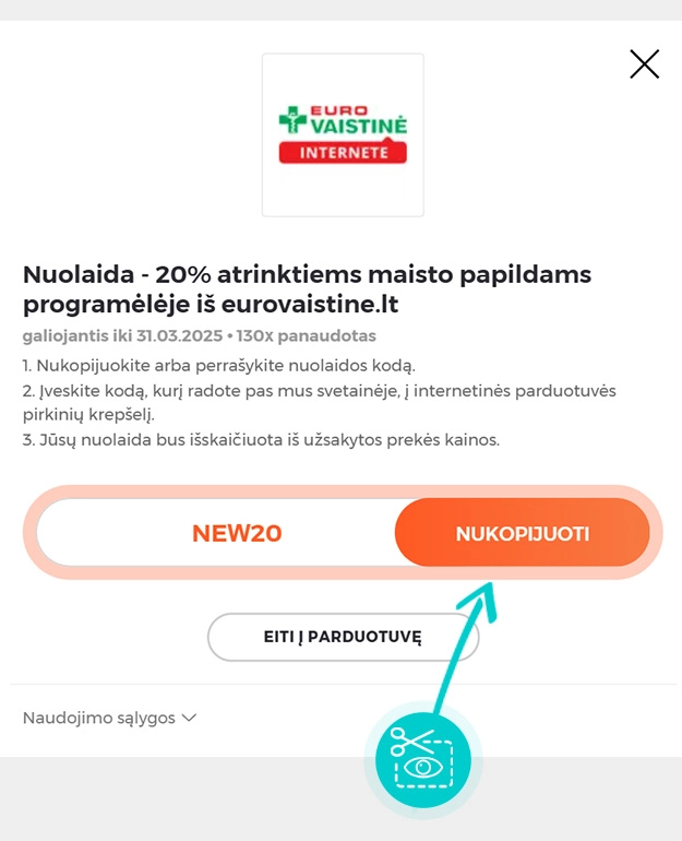Instrukcijos, kaip nukopijuoti nuolaidos kodą Eurovaistinė