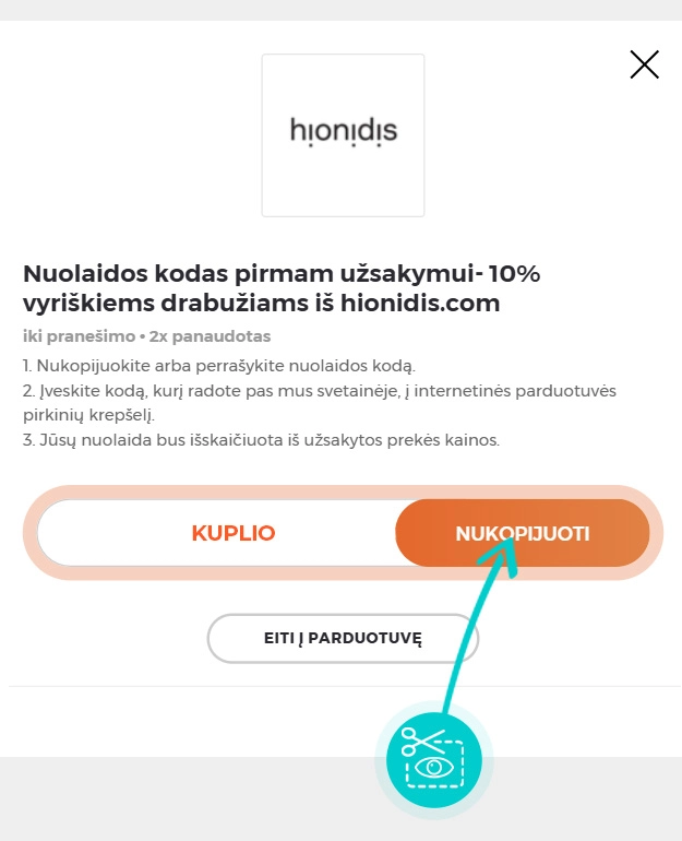 Instrukcijos, kaip nukopijuoti nuolaidos kodą Hionidis