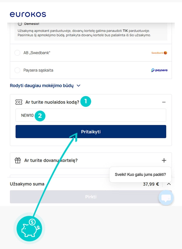 Instrukcijos, kaip pritaikyti nuolaidos kodą Eurokos prekių krepšelyje