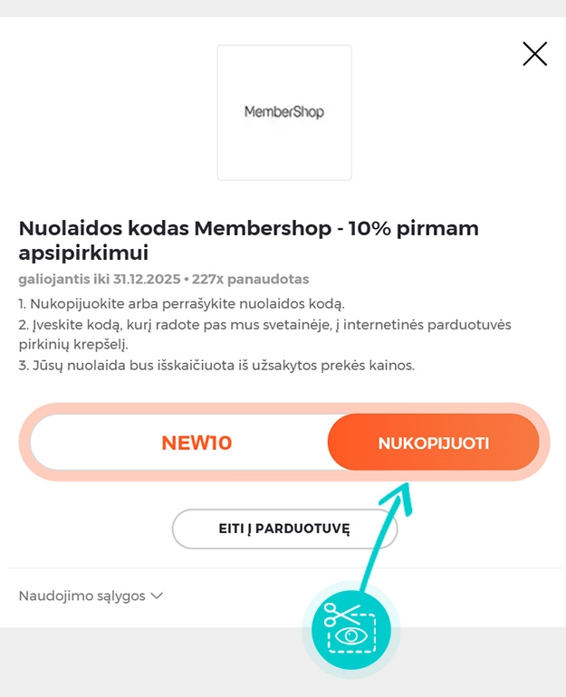 Instrukcijos, kaip nukopijuoti nuolaidos kodą MemberShop