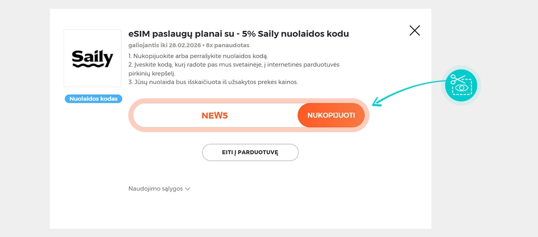 Instrukcijos, kaip nukopijuoti nuolaidos kodą Saily