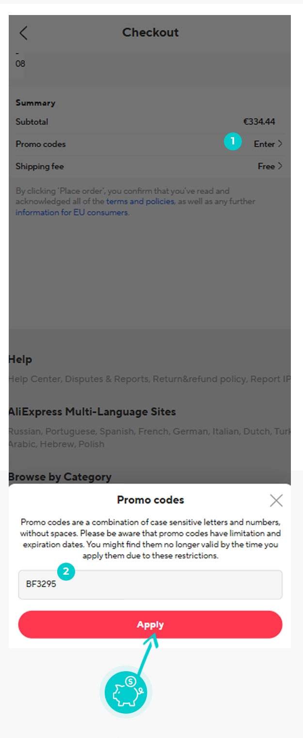 Instrukcijos, kaip pritaikyti nuolaidos kodą AliExpress prekių krepšelyje