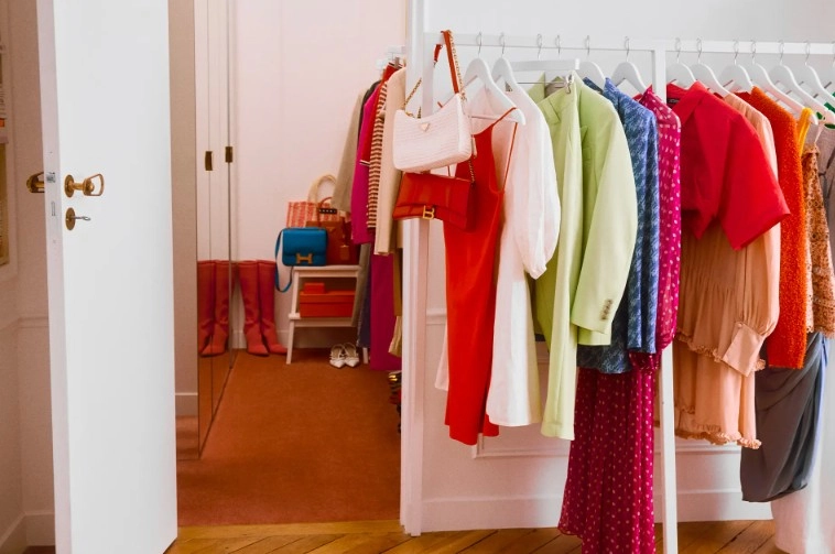 Drabužiai ir rankinės, pakabintos and drabužių kabyklos