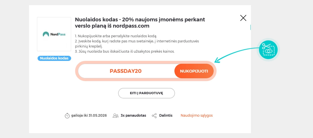Instrukcijos, kaip nukopijuoti nuolaidos kodą NordPass