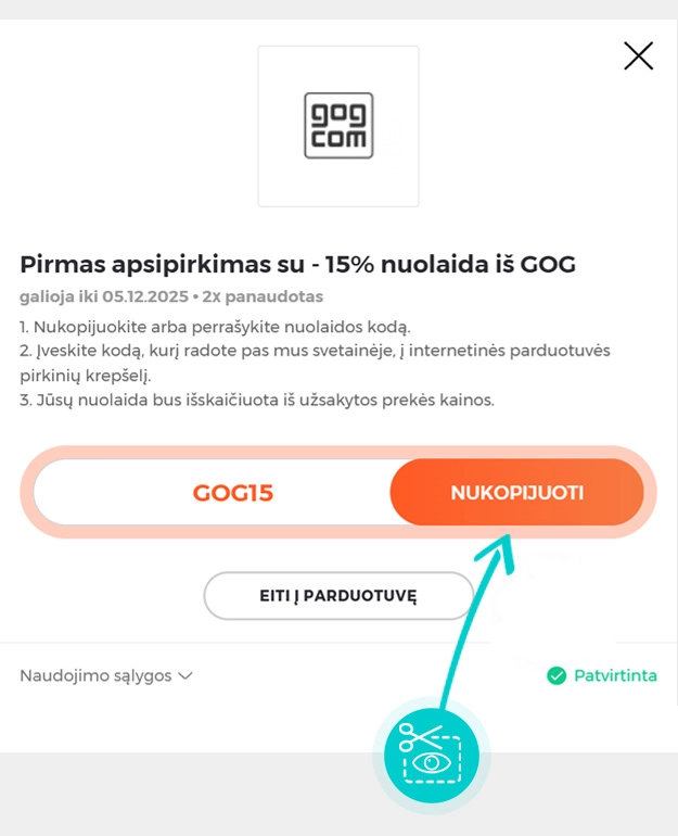 Instrukcijos, kaip nukopijuoti nuolaidos kodą gog