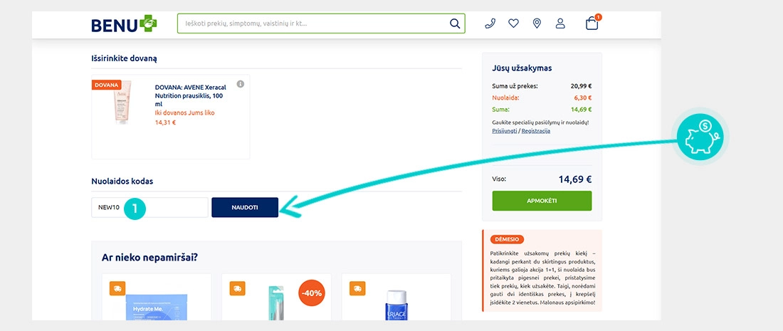 Instrukcijos, kaip pritaikyti nuolaidos kodą Benu prekių krepšelyje