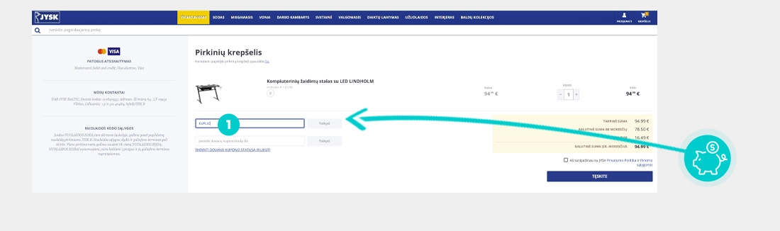 Instrukcijos, kaip pritaikyti nuolaidos kodą Jysk prekių krepšelyje