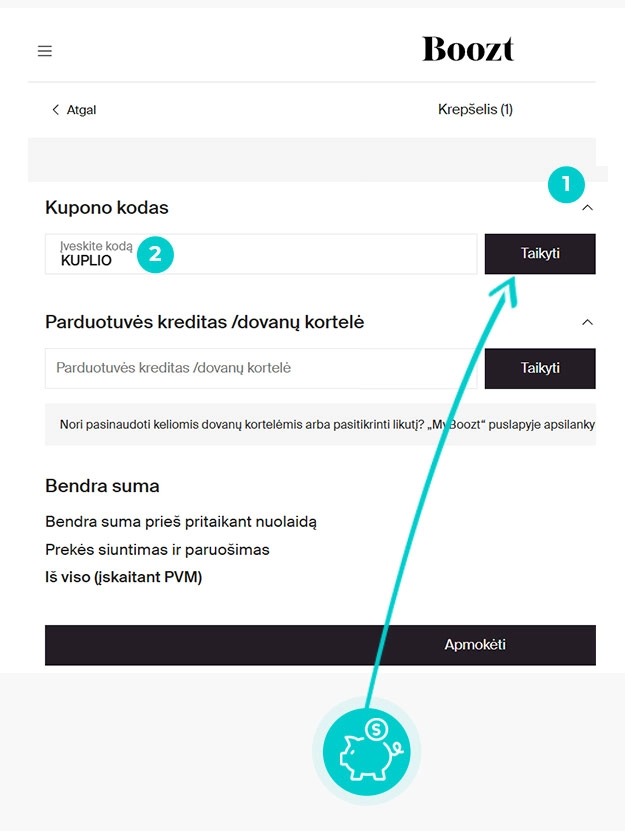Instrukcijos, kaip pritaikyti nuolaidos kodą Boozt prekių krepšelyje