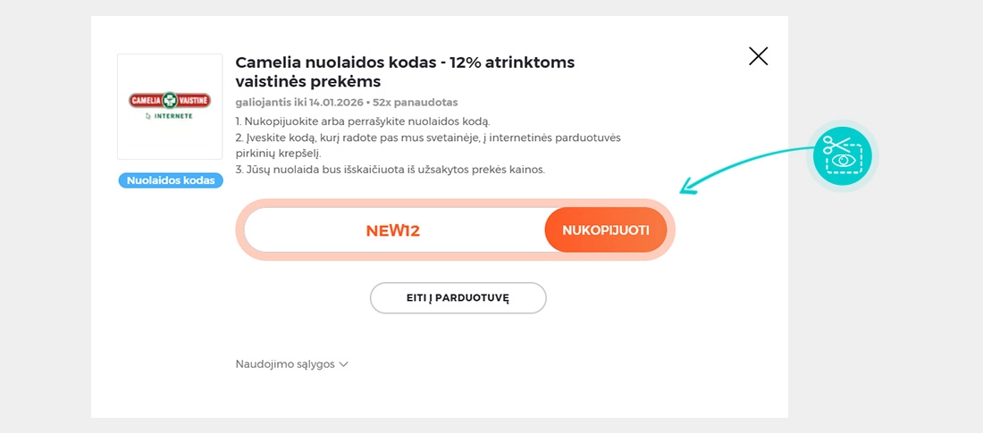 Instrukcijos, kaip nukopijuoti nuolaidos kodą Camelia