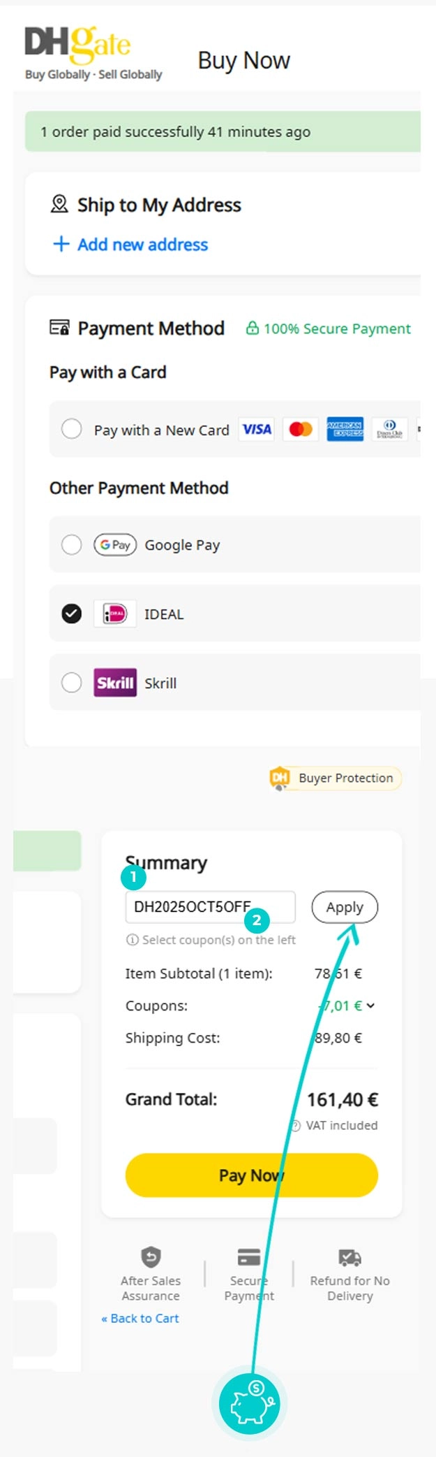Instrukcijos, kaip pritaikyti nuolaidos kodą DHgate prekių krepšelyje