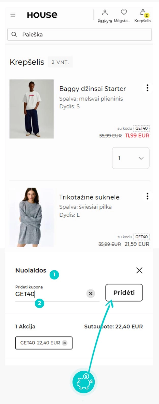 Instrukcijos, kaip pritaikyti nuolaidos kodą House prekių krepšelyje