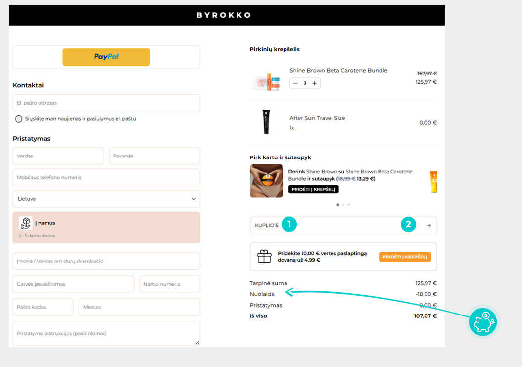 Instrukcijos, kaip pritaikyti nuolaidos kodą ByRokko prekių krepšelyje