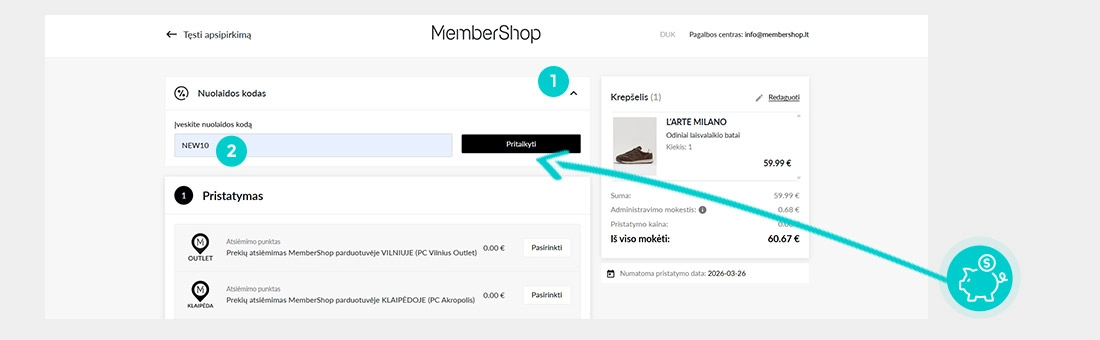 Instrukcijos, kaip pritaikyti nuolaidos kodą MemberShop prekių krepšelyje