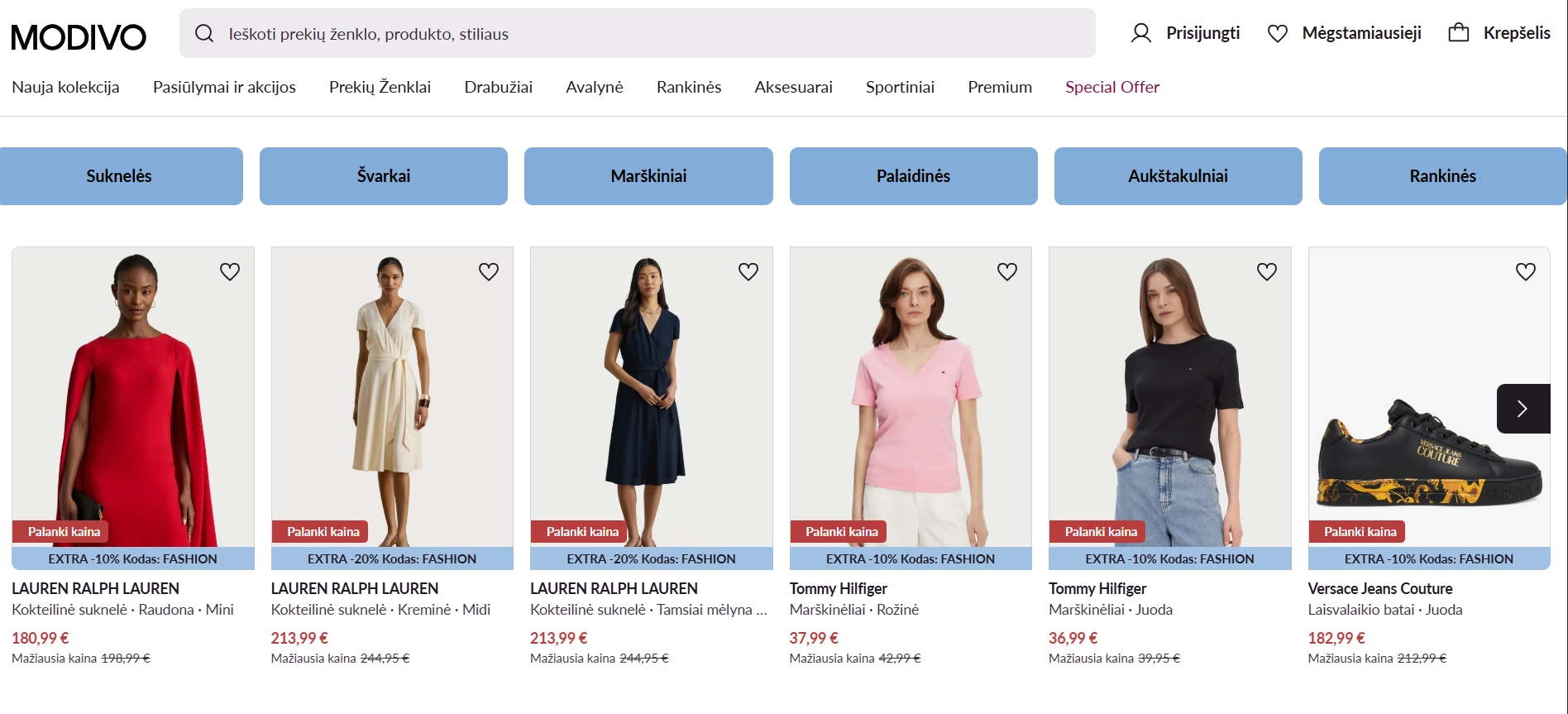 Mados parduotuvės svetainė su produktais