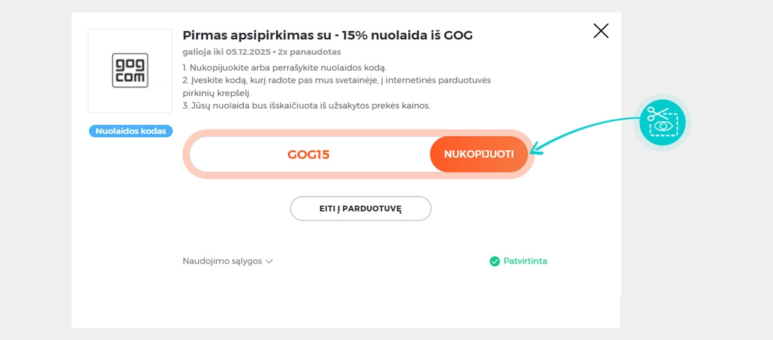 Instrukcijos, kaip nukopijuoti nuolaidos kodą gog